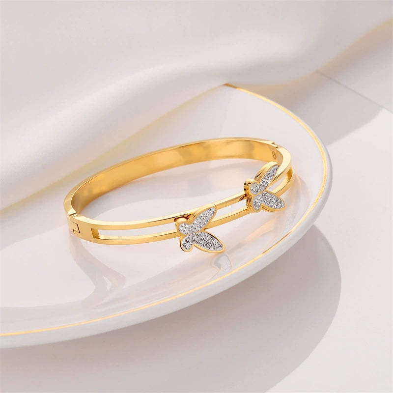 Luxury Crystal Butterfly Bangle – Gold Titanium Steel