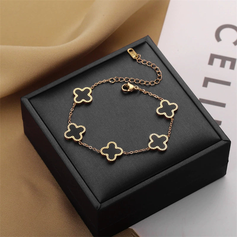 Luxury Black Clover Bracelet – Gold Titanium Steel