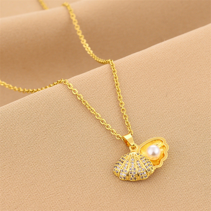 Luxury Pearl Shell Zircon Pendant Necklace – Gold Titanium Steel