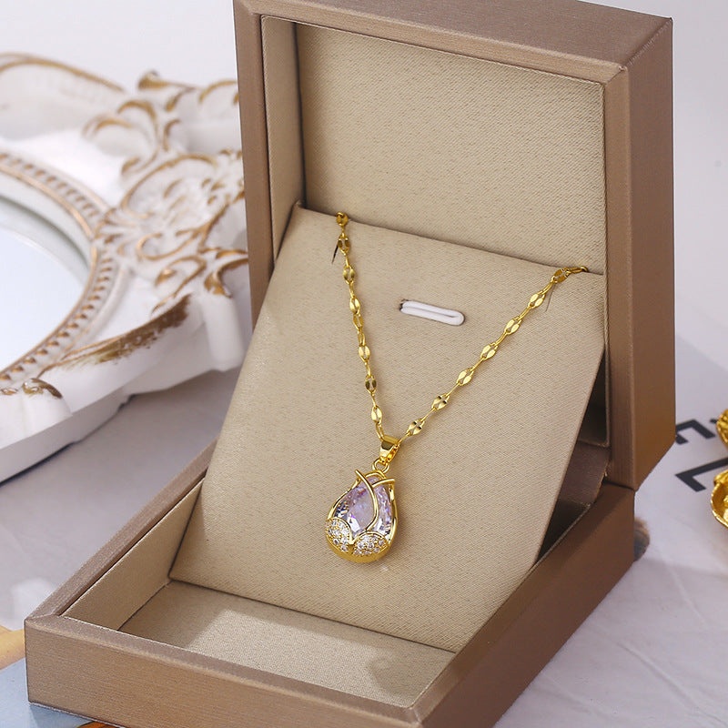 Luxury Tulip Zircon Pendant Necklace – Gold Titanium Steel
