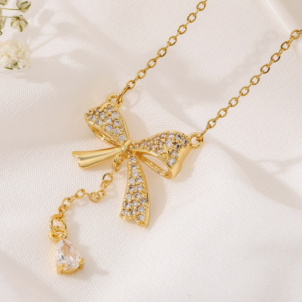 Luxury Bow Tassel Pendant Necklace – Gold Titanium Steel