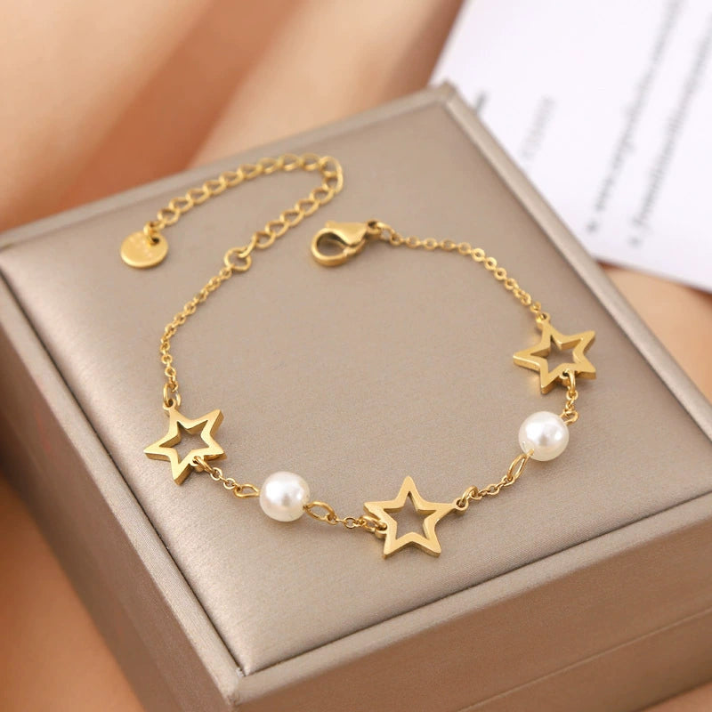 Luxury Star Pearl Bracelet – Gold Titanium Steel