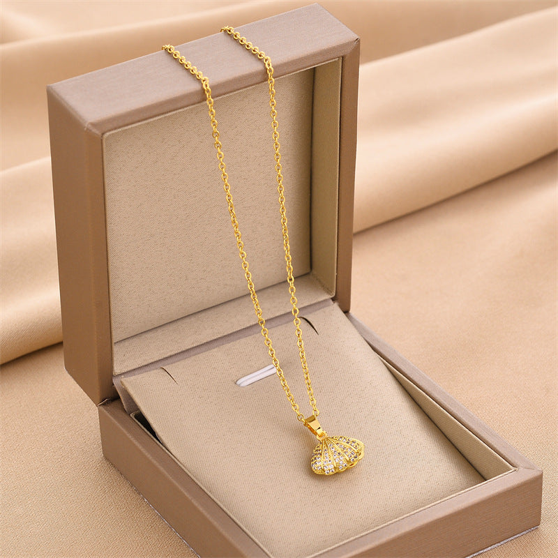 Luxury Pearl Shell Zircon Pendant Necklace – Gold Titanium Steel