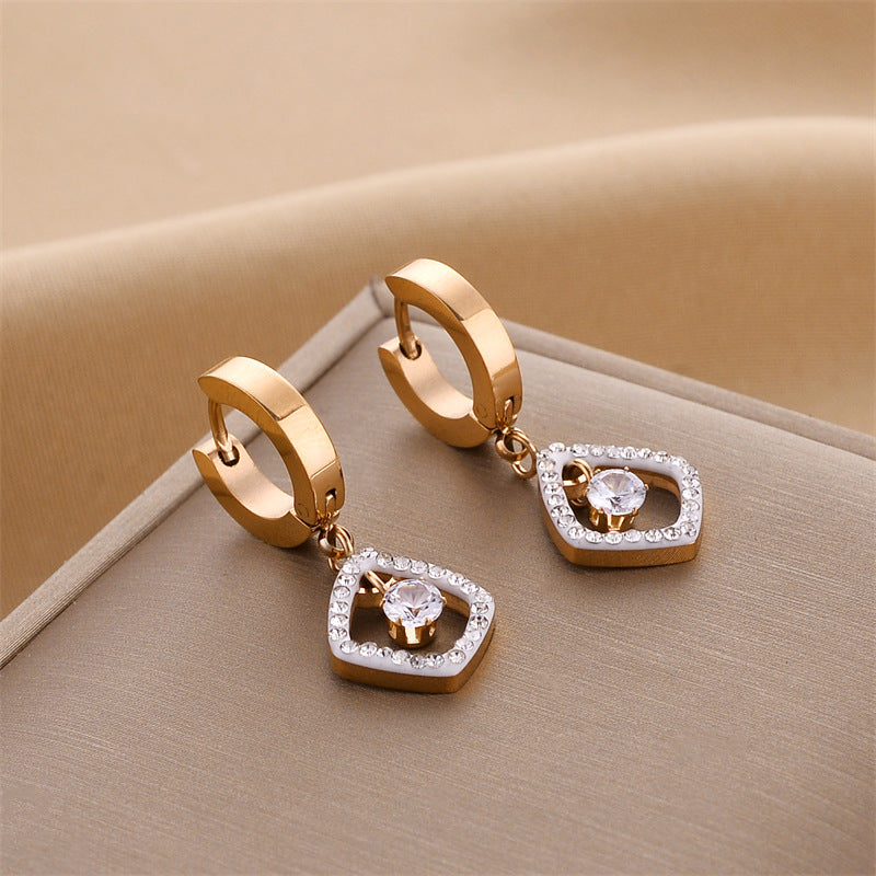 Luxury Zircon Stud Earrings – Gold Titanium Steel