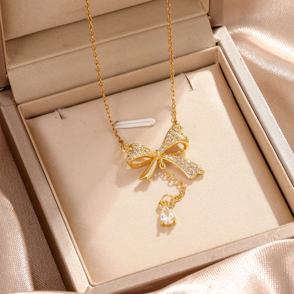 Luxury Bow Tassel Pendant Necklace – Gold Titanium Steel
