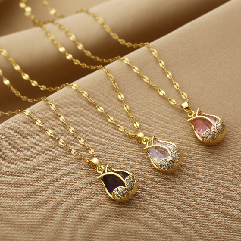 Luxury Tulip Zircon Pendant Necklace – Gold Titanium Steel