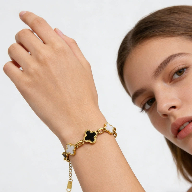 Luxury Black & White Clover Bracelet – Gold Titanium Steel