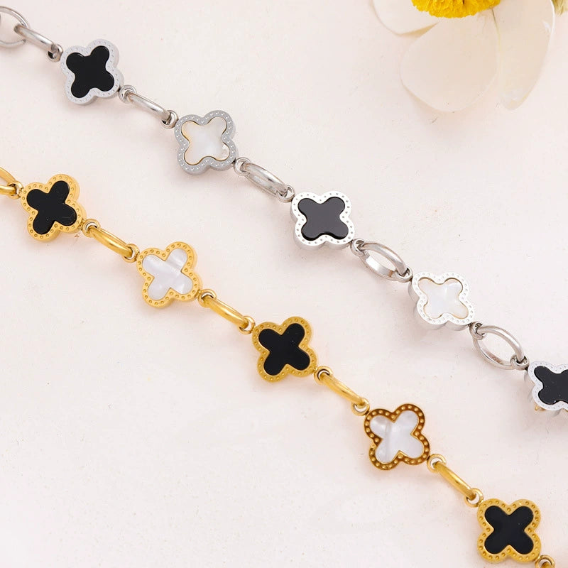 Luxury Black & White Clover Bracelet – Gold Titanium Steel