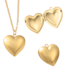 Gold heart locket pendant – front, open and clasp views